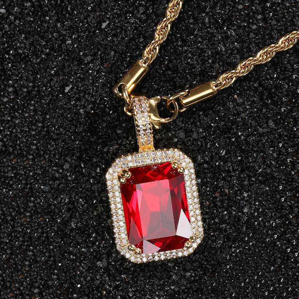 Hip-Hop Solid Square Colorful Trendy Brand Personality Micro-Inlaid Moissanite chain Men's Pendant Necklace