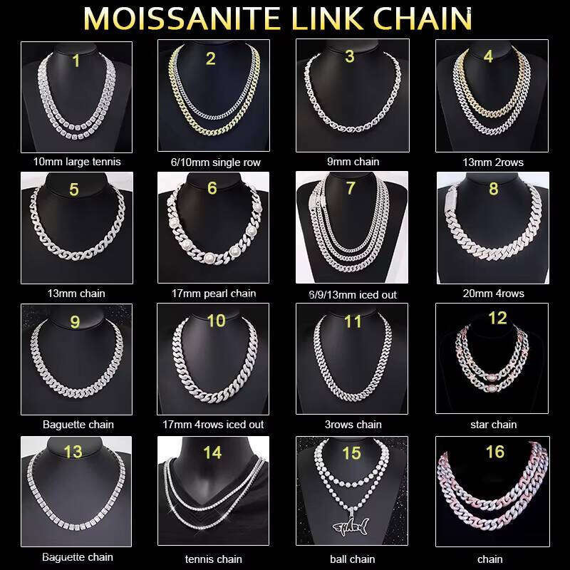 Fashion Design 10mm Wide 2Rows Moissanite Dia Sier Cuban Link Necklace/bracelet Chain for Rapper Hiphop Jewelry