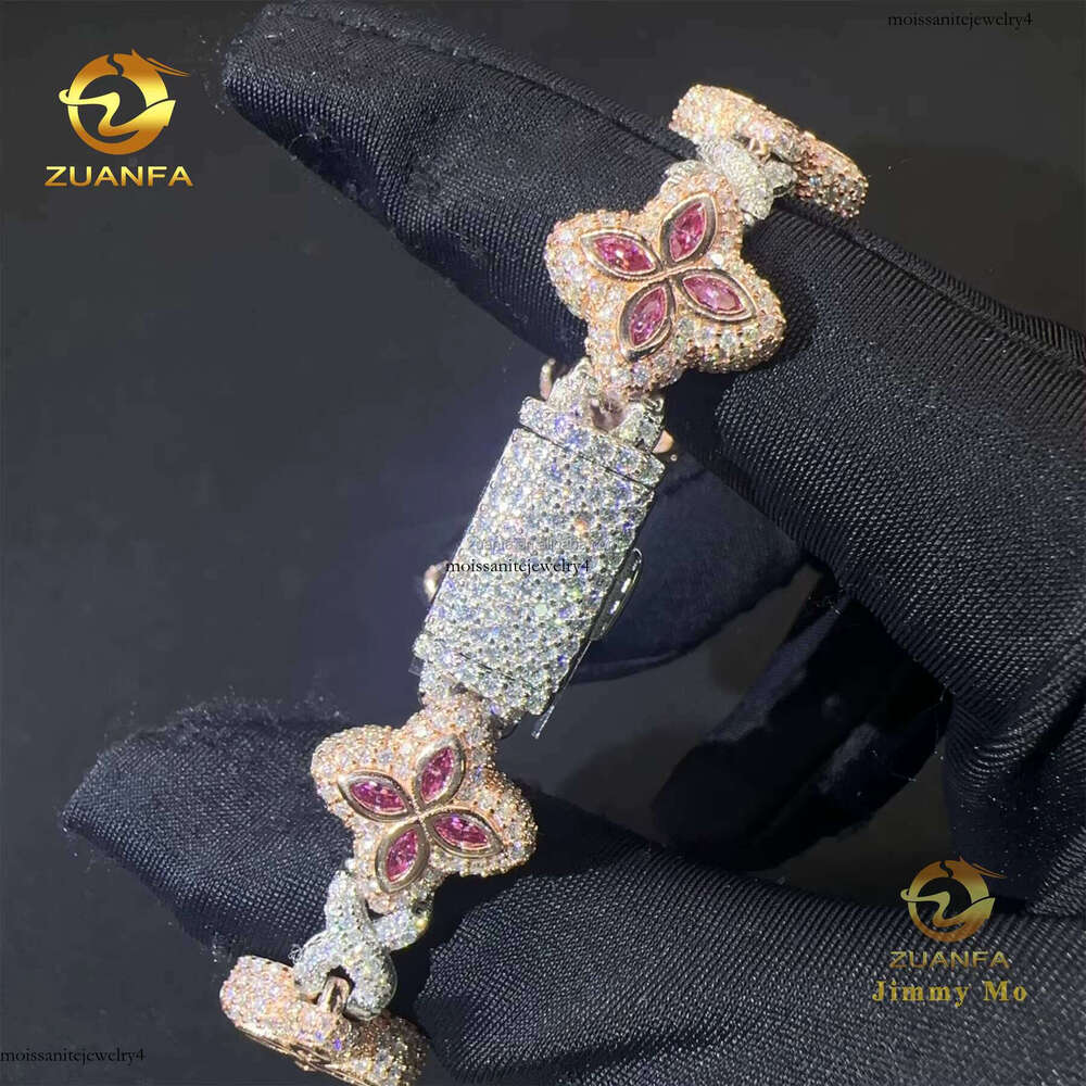 New Design 15mm Marquise Flower Hip Hop Jewelry Icy Pink Chrysolite Infinity Cuban Chain Bracelet