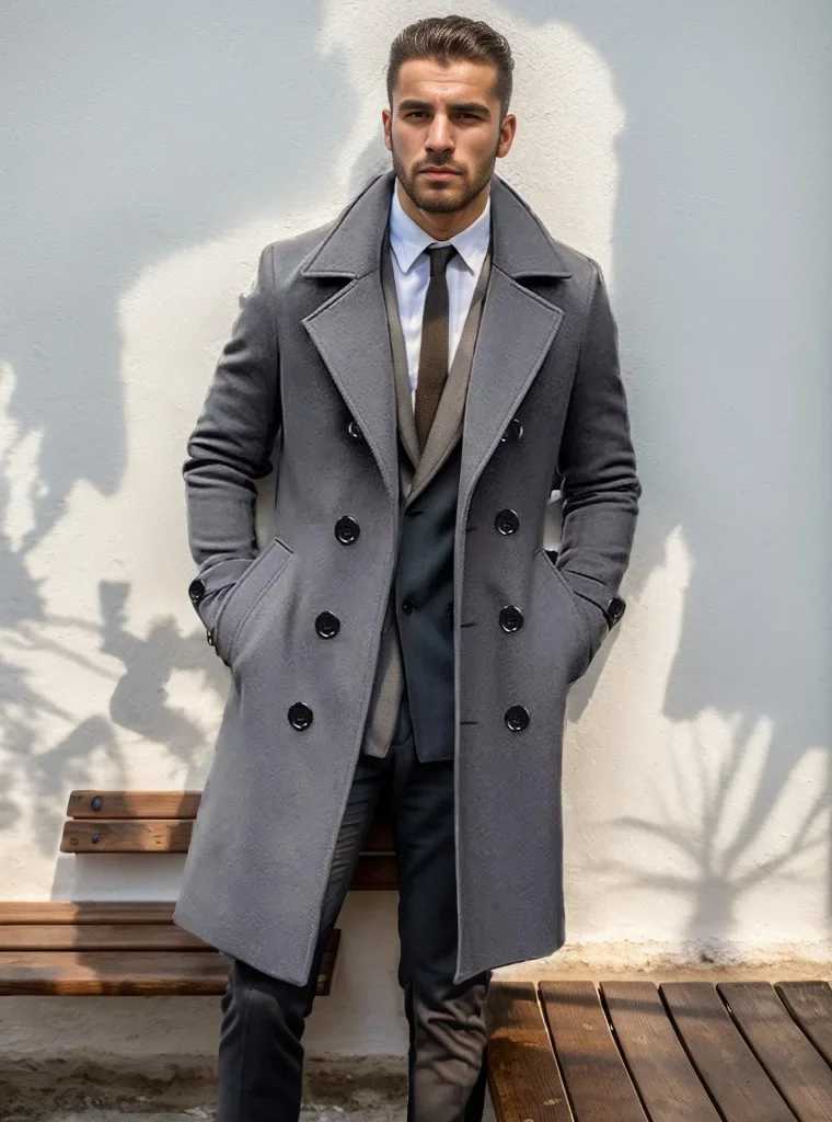 Men Double Breasted Trench Coat Wool Blend Autumn Winter Solid Casual Slim Fit Long Jacket Wool Coat Fashion Mens Clothing XJ250809