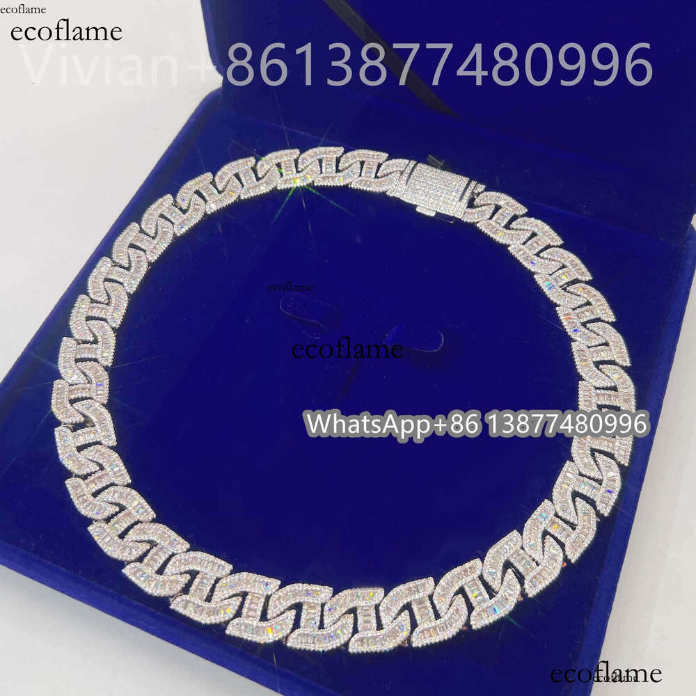 Bling Fine Hip Hop Jewelry Baguette Diamond Men Necklace Sterling Silver Fully VVS Moissanite Luxury Cuban Link Chain