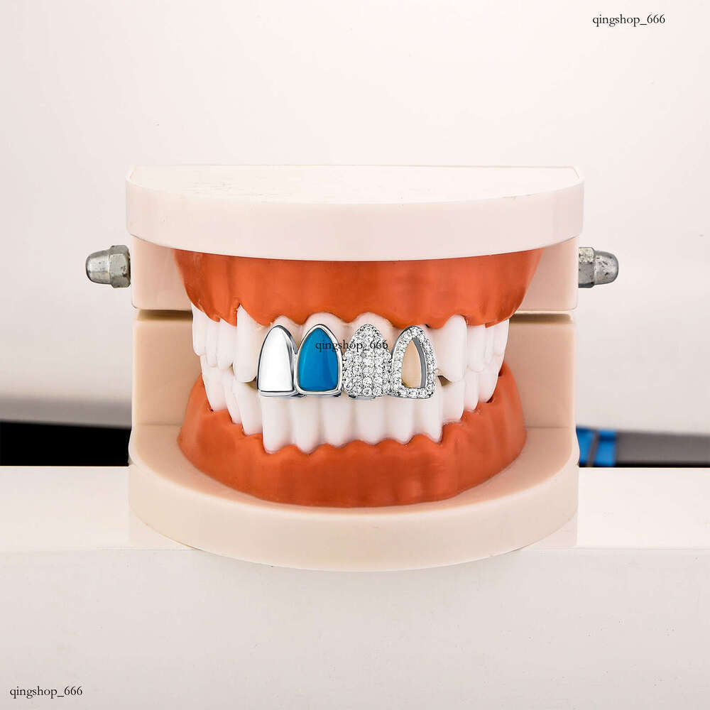 HIPHOP Zircon Grillz Mirror Blue Oil Drip Mixed Hollow Gold Teeth
