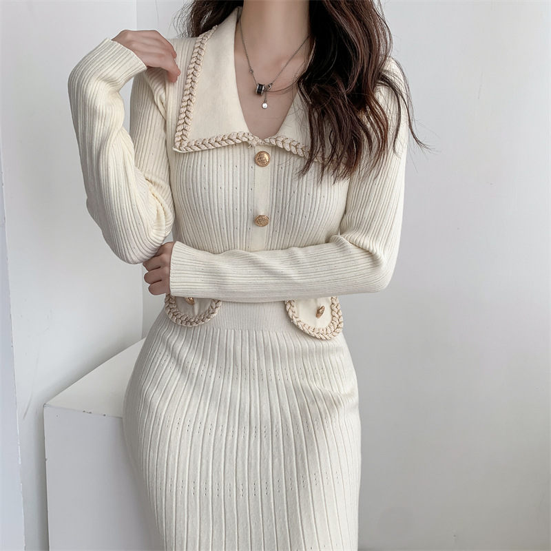 Tweed Style HighWaisted Slimming Knit Dress Womens AutumnWinter New Design Sensibility Base MiddleLength Sweater Dress R250809