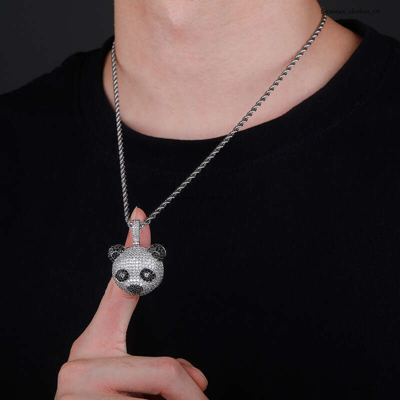 Hip Hop Personality Pendant Panda Head Black and Sier Two-tone Full Moissanite chain Necklace for Men Versatile Trendy Accessory