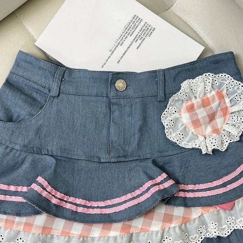 2025 Summer New Women's Cute Sweet Bow Cowboy Fluffy Skirt Fashionable Simple Fluffy Skirt Japanese Millennium Folded Fluffy trend Skirt Women�