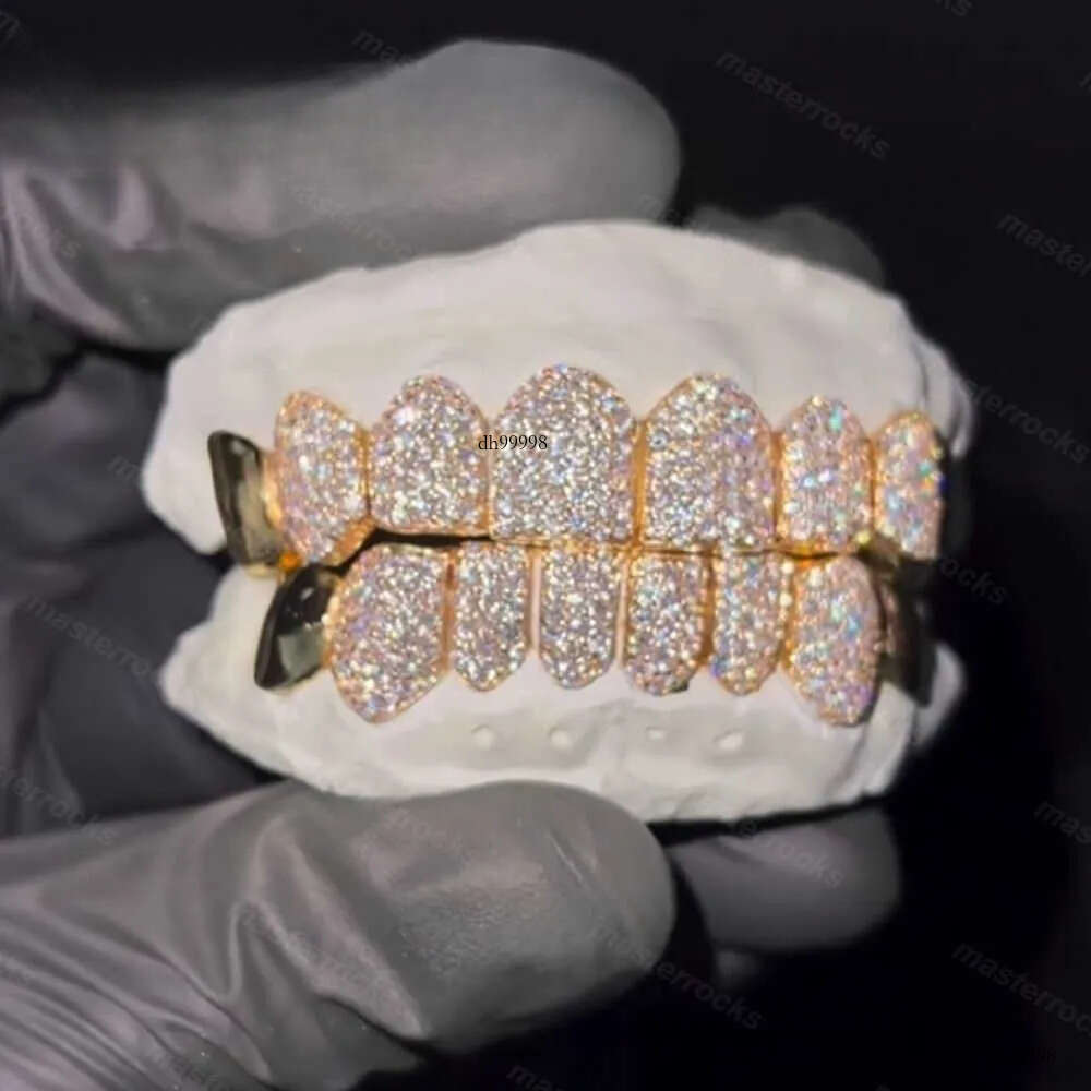 Custom Solid 10k Yellow Hand Made Iced Out Vvs Moissanite Teeth With Plain Gold Hip Hop Grillz For Men