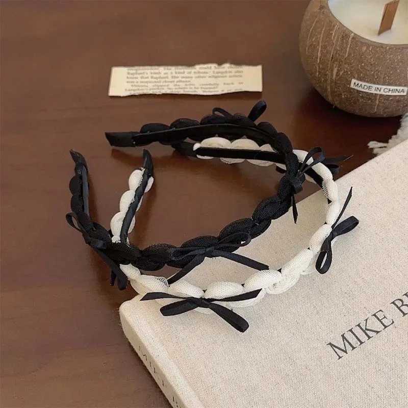 Korean Black Ribbon Bow Bezel Bands for Women Girls Sweet Thin Edge Lace Mesh Hair Bands Haiand Hair Accessories Y250809