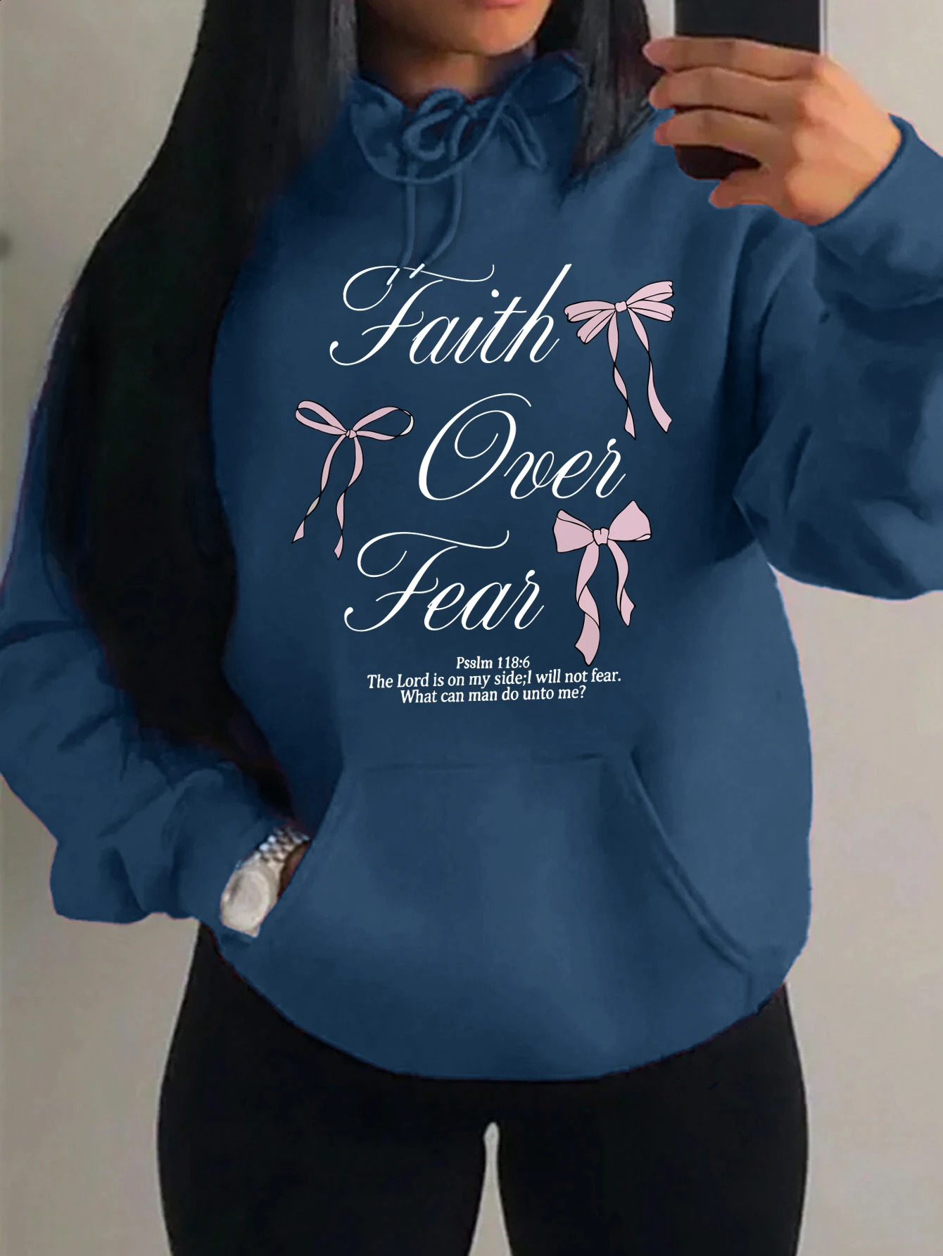 Pink Bow Faith Over Fear Printing Women Hoodies Pocket Loose Hoody Casual Fleece Y2K Hoodie AllMatch Soft Woman Clothes 250809