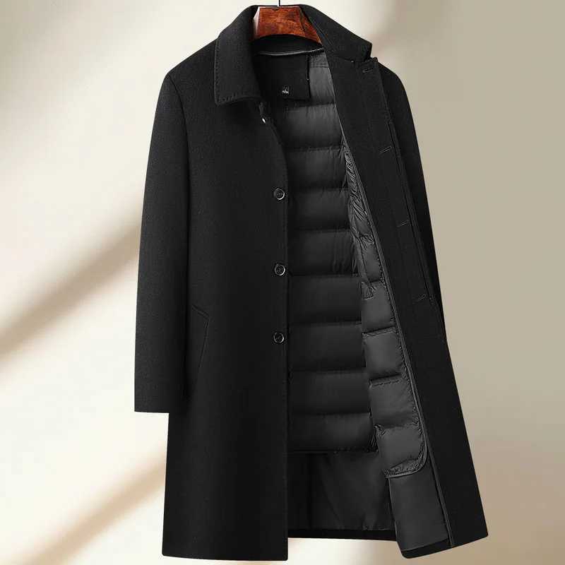 High Quality Mens Long-Length Duck Down Liner Woolen Coat Business Casual Windbreaker Puffer Jacket Solid 50% Wool Top OvercoatXJ250809