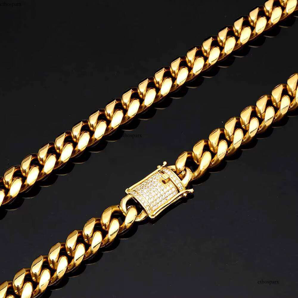 Wholesale 12mm Stainless Steel Gold Plated Dia Prong Clasp Necklace Cuban Link Chain