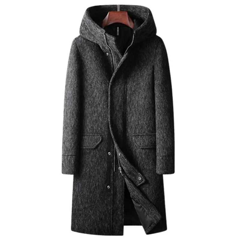 High Quality Woolen Coats Men Autumn Winter Long Hooded Wool Trench Coats Male Thick Warm Solid Business Casual Outerwear Coat Man XJ250809