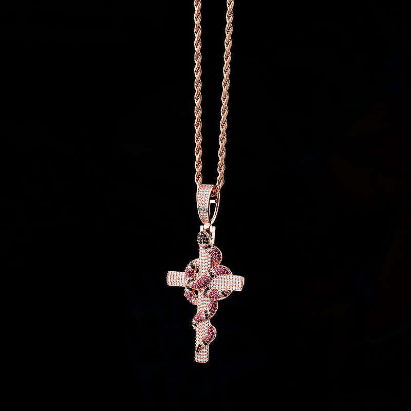 Cobra Cross Pendant Real Gold Plated Full Moissanite chain Men's Necklace Jewelry