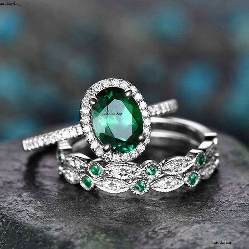 2025 Choucong 3pcs Ins Top Sell Elegant Vintage Jewelry 10KT White Rose Gold Fill Oval Cut Emerald CZ Dia Party Promise Gorgeous Women Bridal Ring Set
