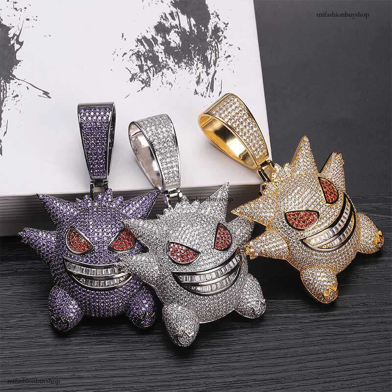 Full Moissanite chain Hip-Hop Funny Oversized Gengar Cartoon Pendant HIPHOP Necklace Cool