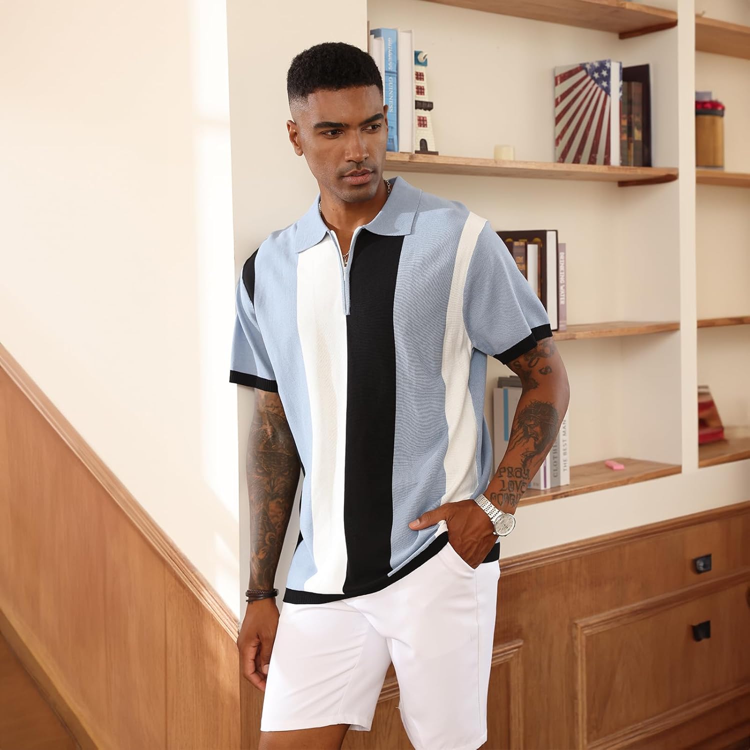 Men's Fashion Polo Shirts Vintage Striped Knitting Shirts Casual Slim Fit Golf Shirts