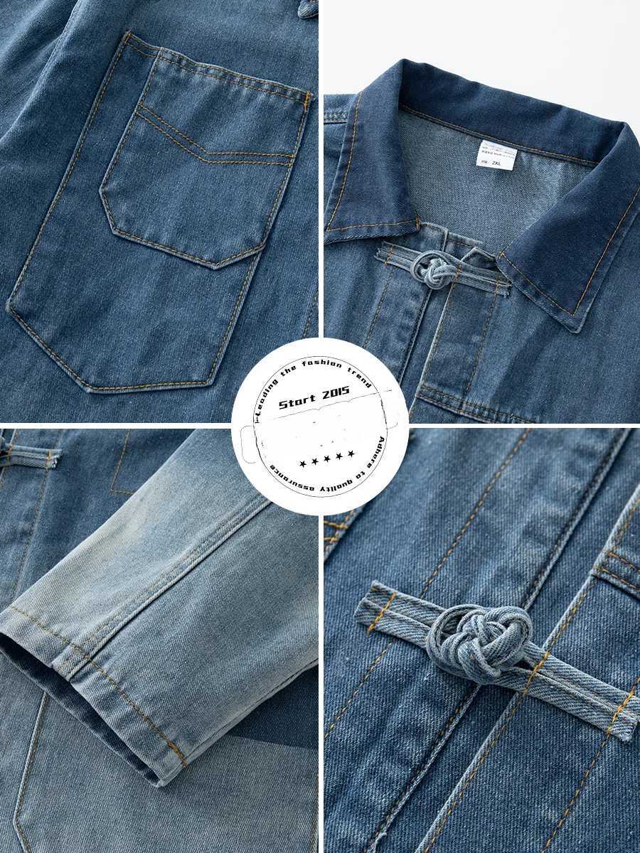 Mens New Chinese Style Gradient Buckle Denim Jacket Trendy Street High-end Handsome Workwear Casual Loose Single-breasted Coats W250809
