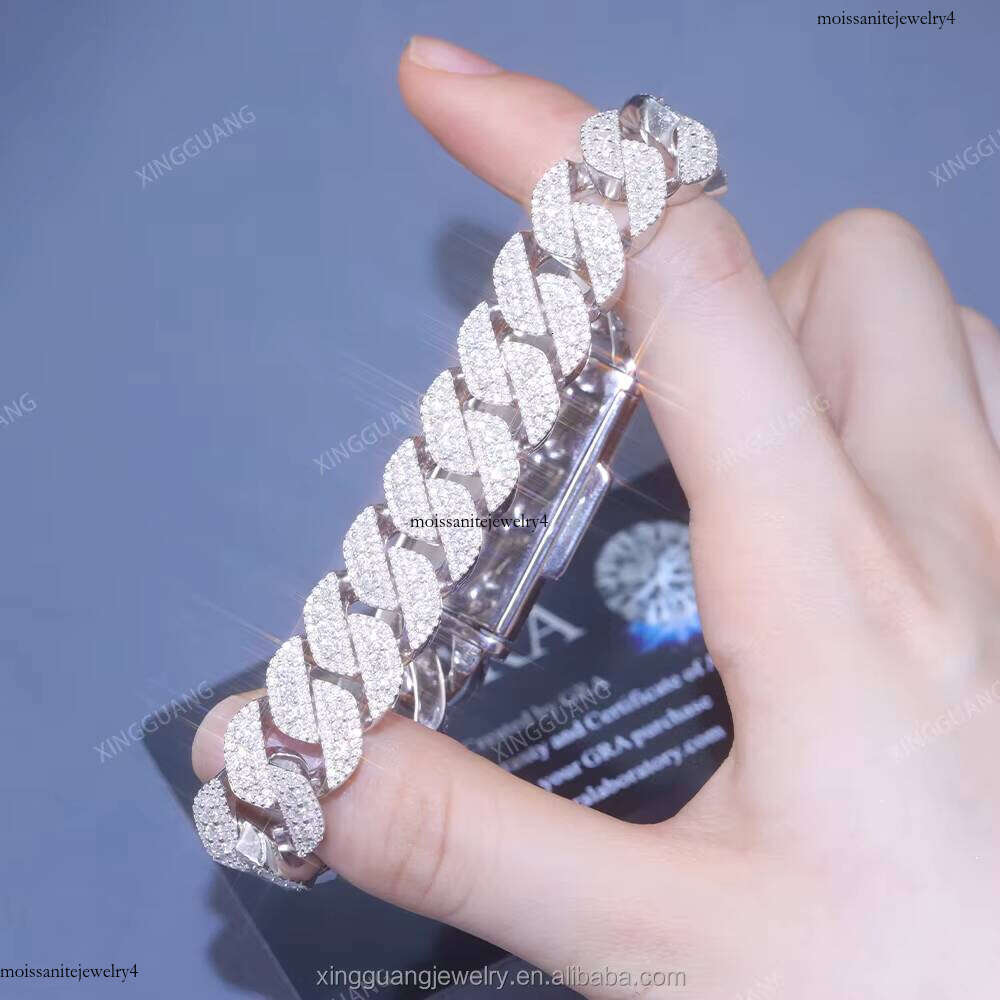 Hot Sale Hip Hop 15mm VVS Dia Cuban Link Chain GRA Moissanite Sterling Sier Gold Plate Fine Jewelry Bracelets