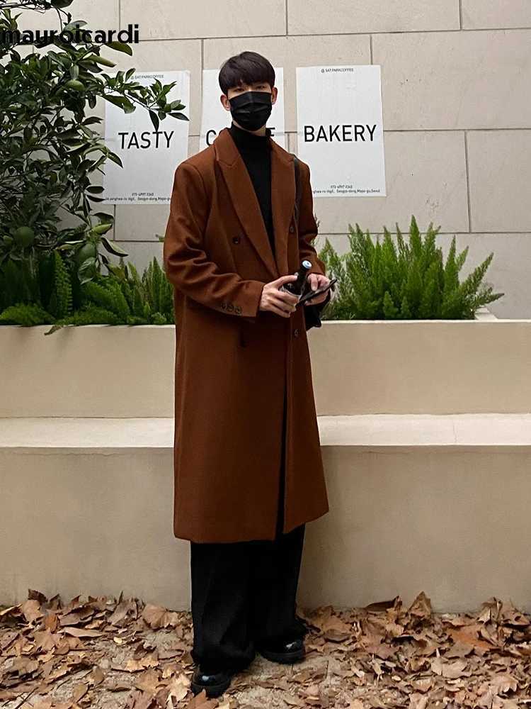 Mauroicardi Autumn Winter Long Warm Coffee Black Soft Woolen Coat Men Double Breasted Loose Casual Wool Blends Overcoat 2023 XJ250809