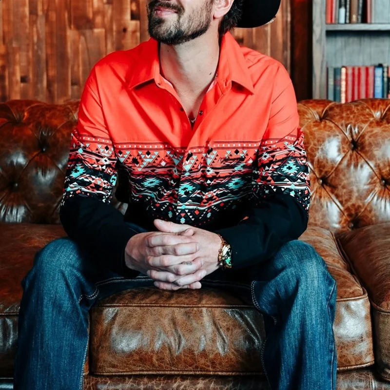 2024 Mens Long Sleeve Western Denim Shirt Outdoor Casual Party HD Pattern Soft and Comfortable Button Lapel Tshir 250805
