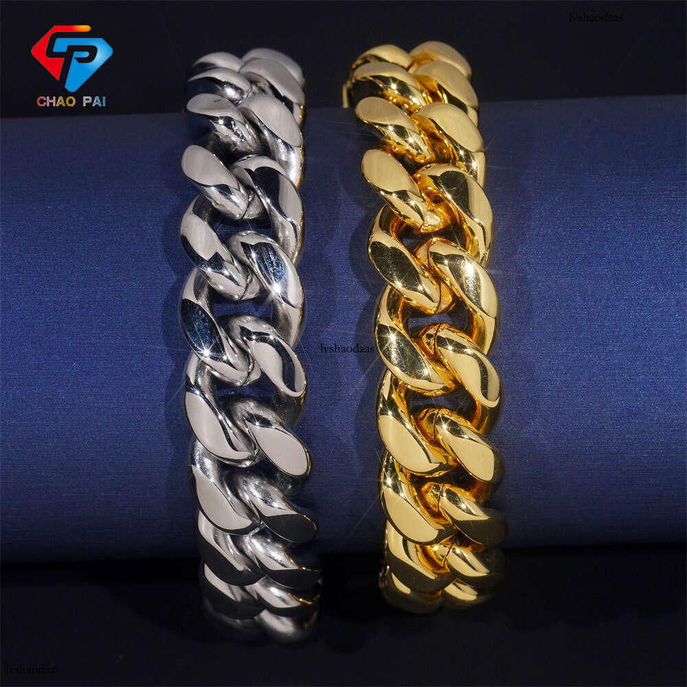 Hip Hop New 14mm Sterling Silver Inlaid Pure Sier Moissanite Clasp Smooth Cuban Chain