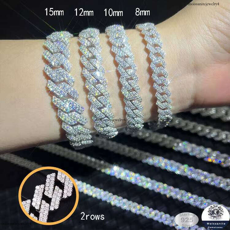 2rows Dia GRA VVS D Moissanite Cuban Chain Hiphop Iced Out Sier Fine Jewelry Bracelet