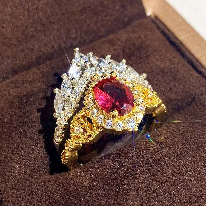 Choucong Brand Wedding Rings Jewelry White Gold Fill Oval Cut Red Garenet Marquise Zircon CZ Dia Court Party Women Couple Crown Ring Set Gift