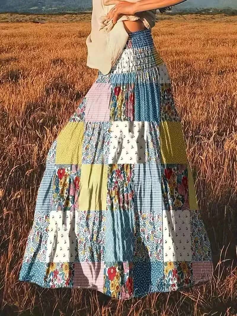 2025 Summer fashion New Women's Printed Splicing Women's Fashion Flower High Waist Skirt Long Skirt New Designer