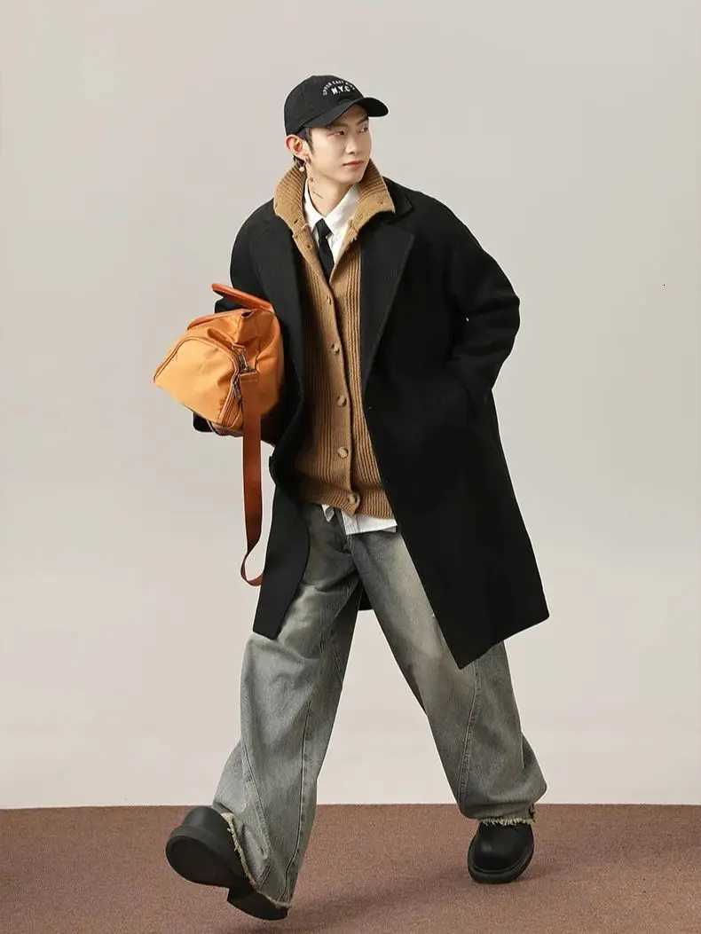 Retro Double-sided Wool Coat Mens Medium-length Knee Tweed Autumn Winter Thickened Suit Wind Coat Jacket Warm Soft XJ250809