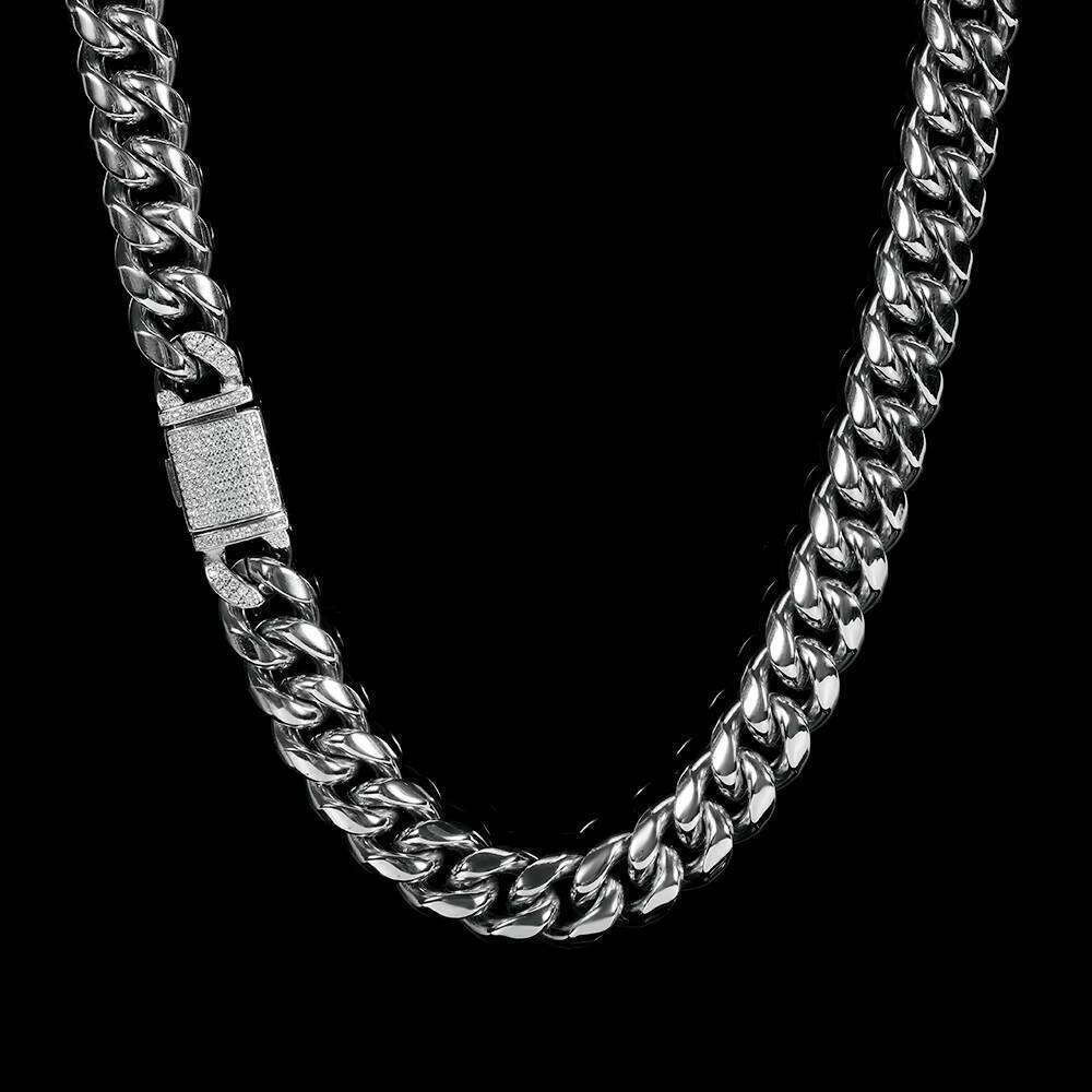 NUOYA Gold Plated Stainless Steel Men's Miami Cuban Chain Necklace 12mm HipHop Full Dia Clasp Fine Jewelry