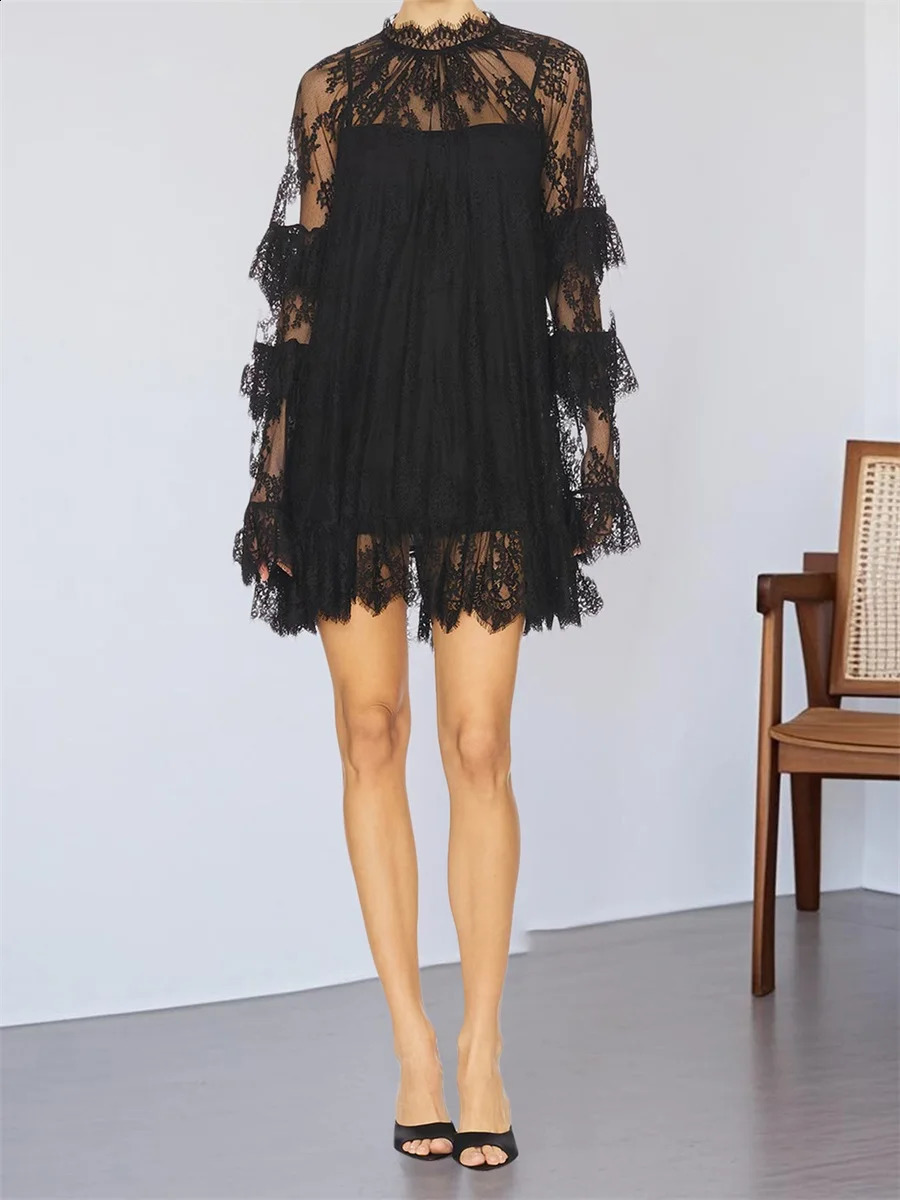 Elegant Floral Lace Dress V-Neck Long Sleeve A-Line Cocktail Dress with Belt Vintage Retro Party Mini Dress for Women 250806
