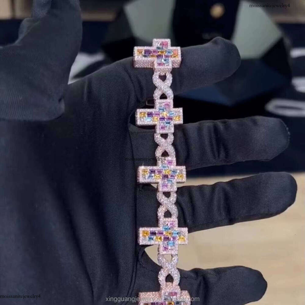 Cross Dia Hip Hop Chain Bracelet VVS Moissanite GRA Colorful 5A CZ Sterling Sier Gold Plate Fine Jewelry Bracelets
