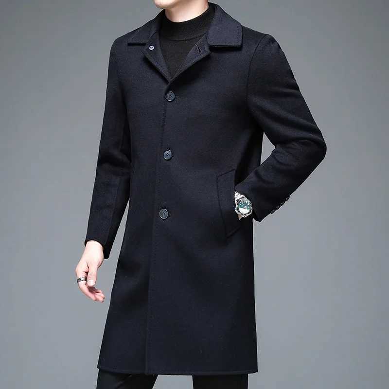Quiet Luxury Men Wool Blend Overcoat Black Navy Gray Warm Cashmere Coat Back Split Winter Autumn British Style Garment OOTD XJ250809