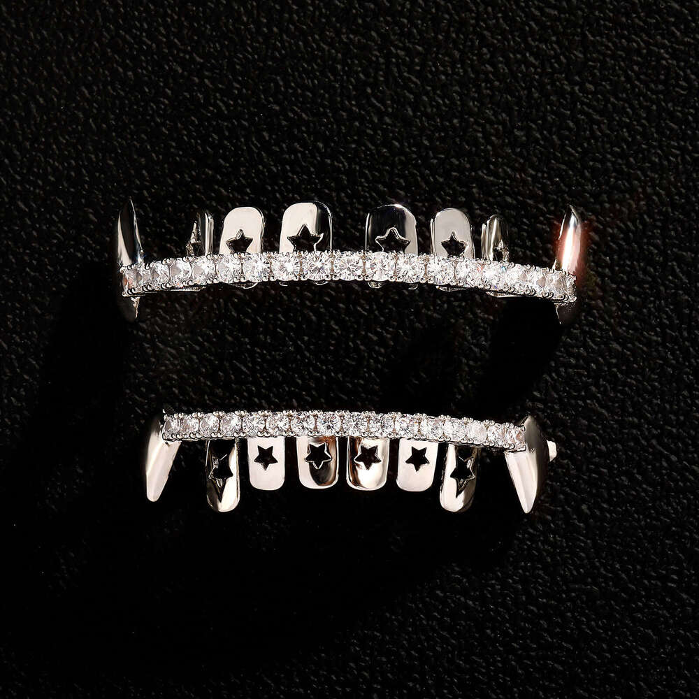 Real Gold Plated Hip-Hop Braces Full Zirconia Trendy Accessories Personality Sharp Teeth