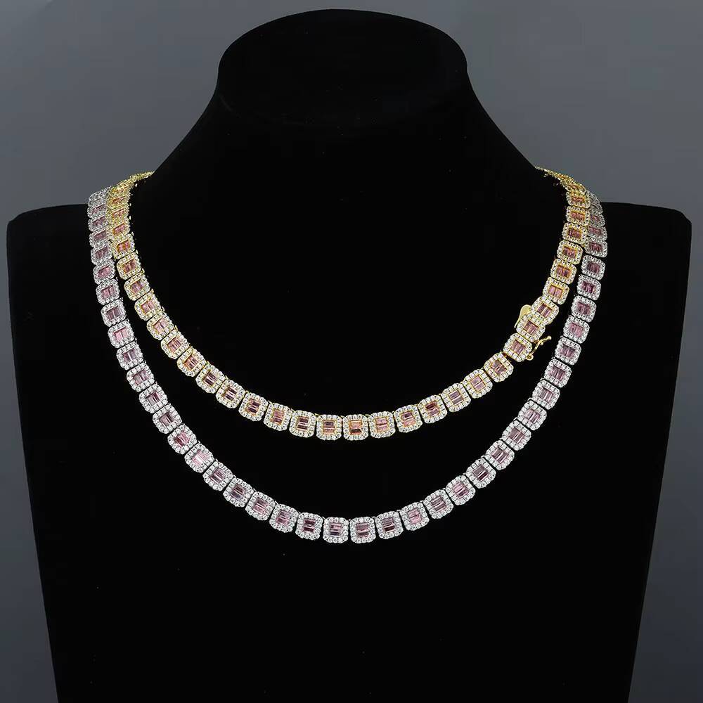 Hot Sale Hip Hop Jewelry 8mm Square Pink Diamond Gold/Platinum Tennis Necklace/Bracelet Set Men's Party