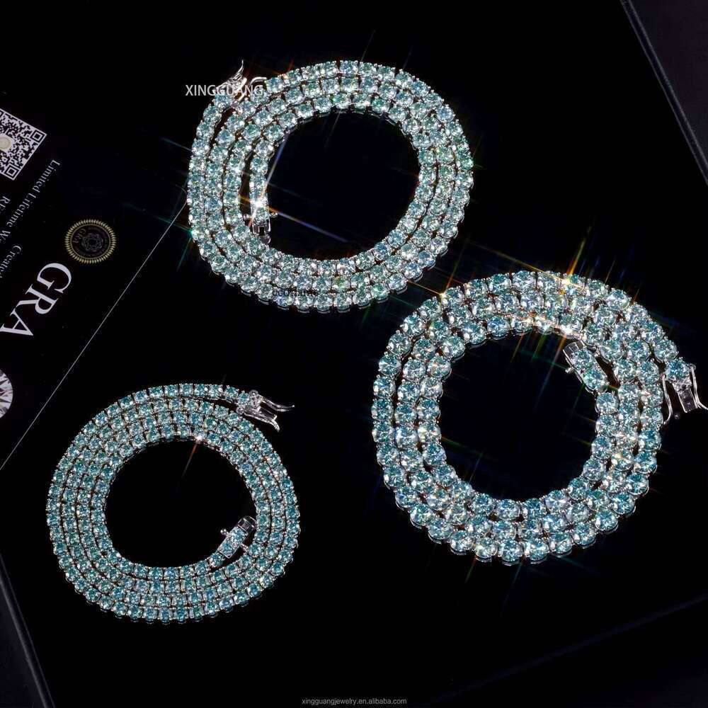 Hot Sale 3/4/5mm Fancy Green Blue Dia S Sier Women Men Hip Hop Bracelet Necklace Moissanite Tennis Chain Jewelry