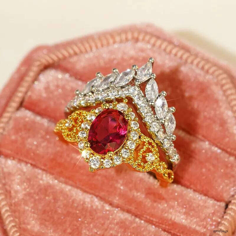 Choucong Brand Wedding Rings Jewelry White Gold Fill Oval Cut Red Garenet Marquise Zircon CZ Dia Court Party Women Couple Crown Ring Set Gift