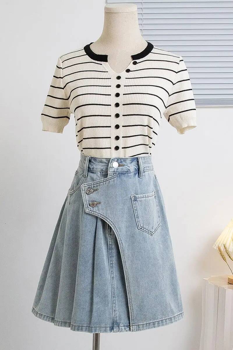 2025 summer new women's plus size denim A-line underskirt summer new Korean fashion pleated skirt Midi denim skirt women's fashion blue deni