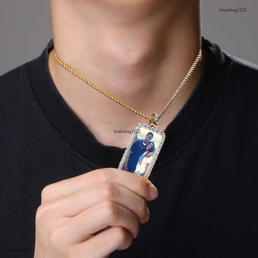Trendy Double Row Inlaid Moissanite chain Square Frame Pendant Personality Hip-Hop Style Photo Memory Medal Necklace Jewelry