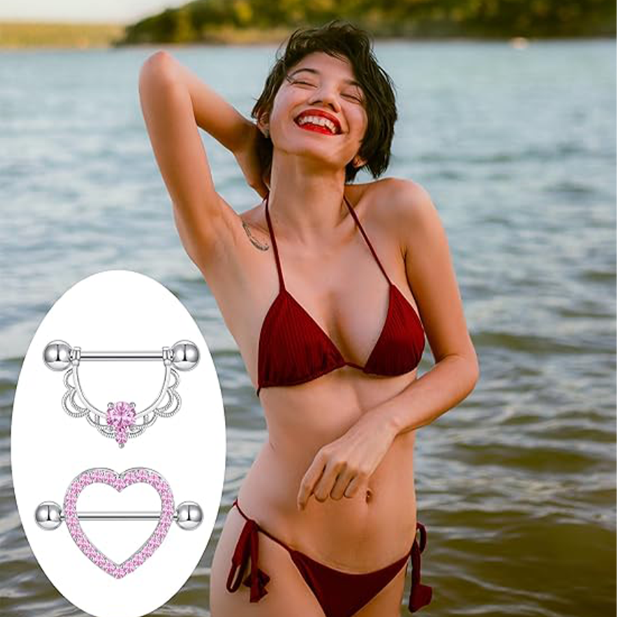9 Pairs Nipple Rings Stainless Steel Heart Butterfly Moon Flower CZ Barbell Tongue Rings Set Cute Nipplerings Piercing Jewelry for Women Pink Silver T