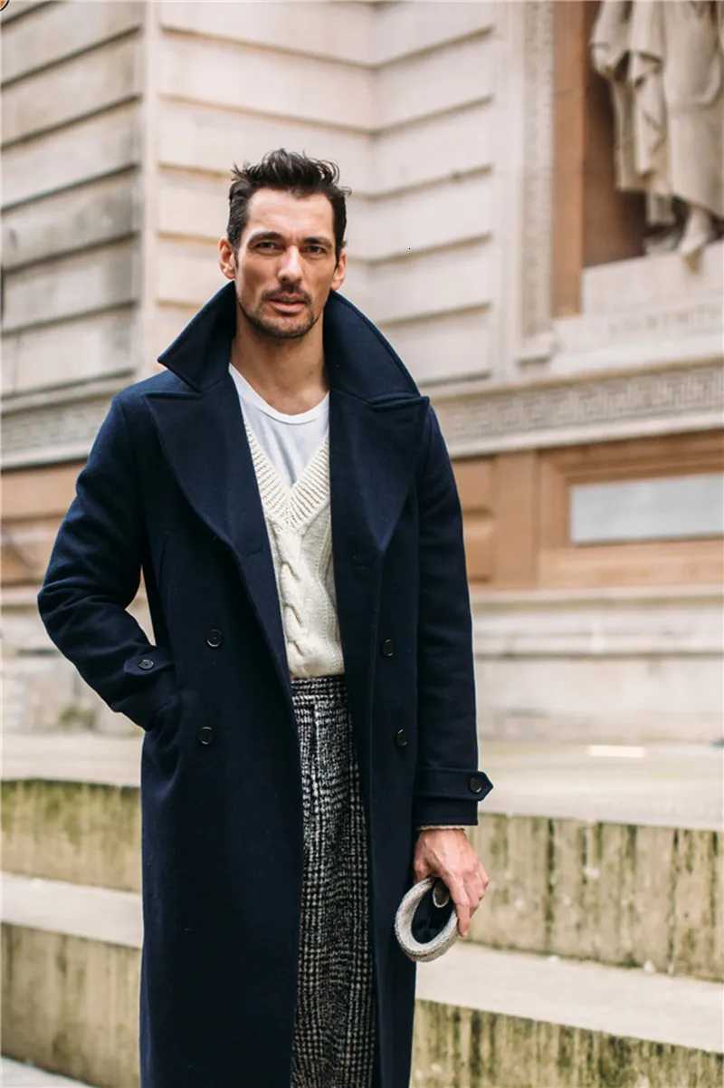 Mens Woolen Good Quality Coat Navy Blue Winter Warm Solid Double-Breasted Thick Plus V-Neck Overcoat Casual Mens Overcoat XJ250809