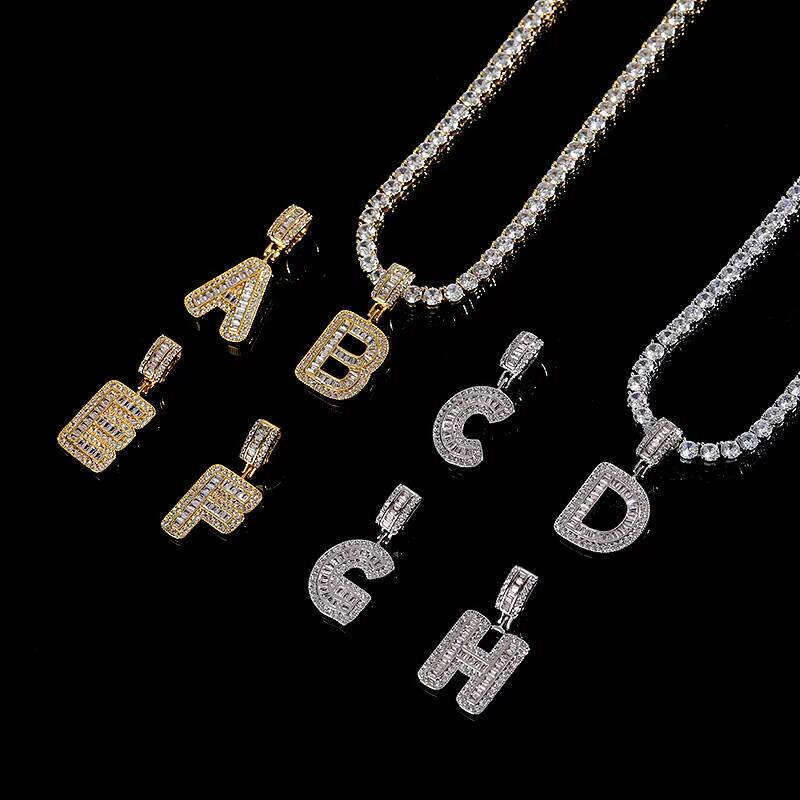 Iced Out Baguette Initials Pendant Men's Hip Hop Name Plate Letters Necklace for Men