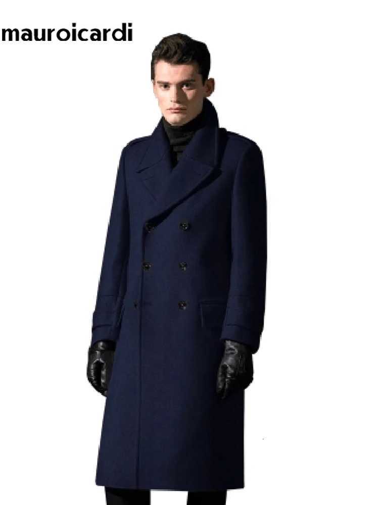 Mauroicardi Autumn Winter Long Warm Smart Casual Navy Blue Black Woolen Coat Men Double Breasted Luxury Wool Blends Overcoat XJ250809