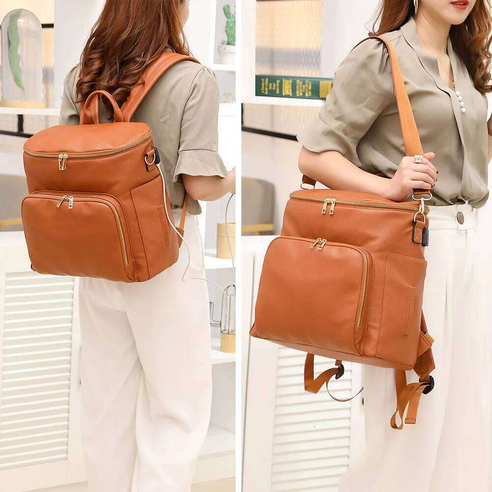 Baby Diaper Backpack Solid PU Leather Mummy Maternity Bag Large Capacity Travel Back Pack Stroller Bags with Changing Pad