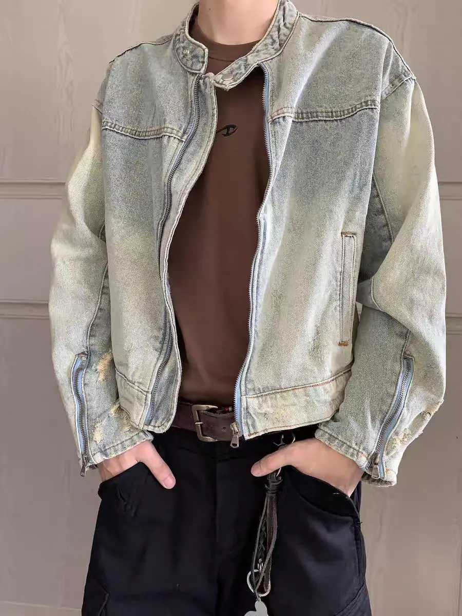 Retro Heavyweight Jackets with Stand Up Collar Design Mens Japanese Washed Denim Jacket Men Harajuku Gothic Fashion Mens Jackets W250809
