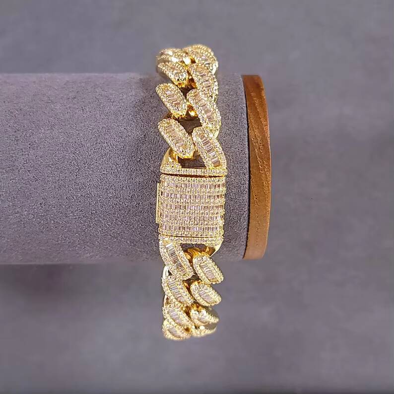 Baguette Cut 14mm Miami Chain VVS Iced Out Diamond Moissanite S925 Gold Plated Hip Hop Jewelry Cuban Link Chain for Men