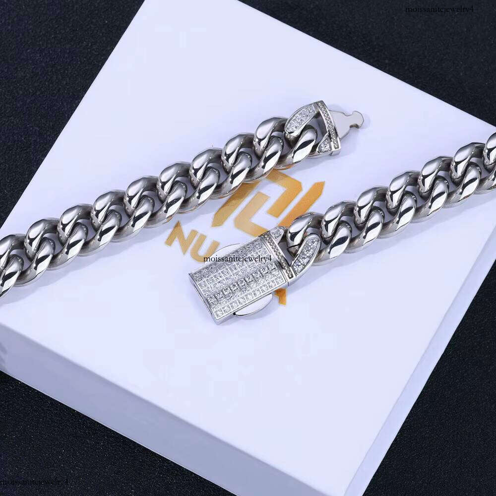 NUOYA Hip Hop Jewelry 12mm Cuban Link Chain Gold Plated Stainless Steel Necklace with Moissanite Dia Clasp for Men Women