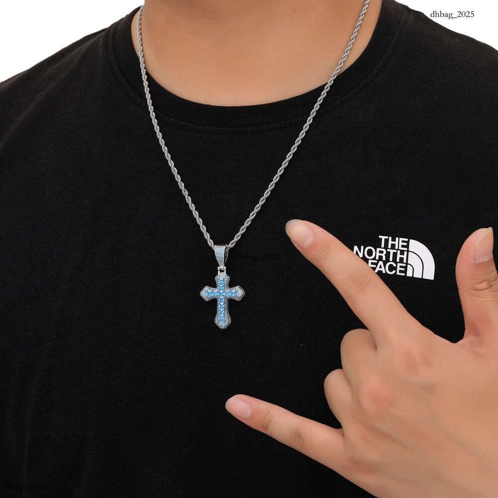 Blue Moissanite chain Cross Necklace Hip Hop Fashion Heavy Craft Inlaid Simple Clavicle Chain Pendant for Men and Women