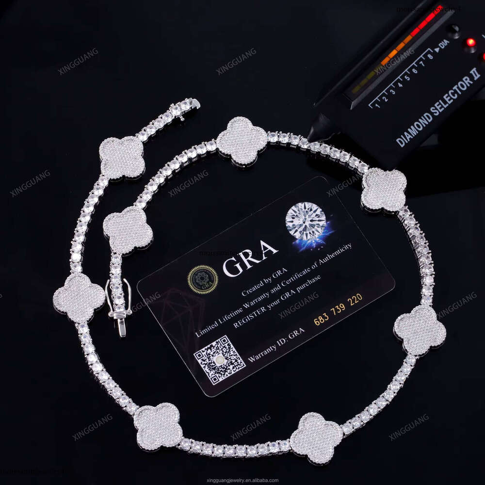 XingGuang Hiphop Cuban Sterling Sier VVS Moissanite Dia Four Leaf Clover Bracelet 3mm 4mm Tennis Chain