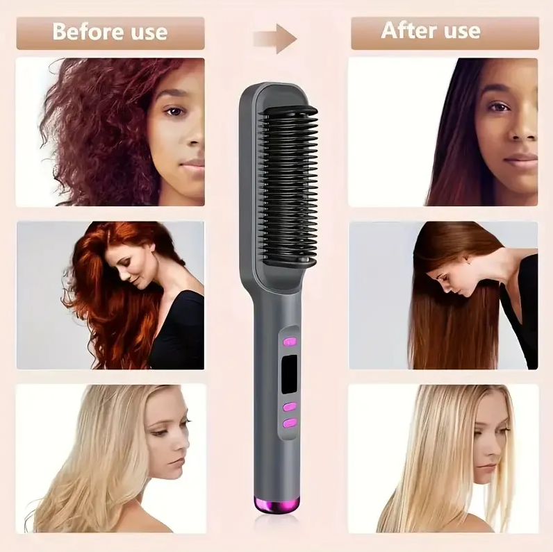 Ionic Hair Straightening Brush with Auto Lock Travel-Friendly Design & Ceramic-Coated Plates for Damage-Free Styling