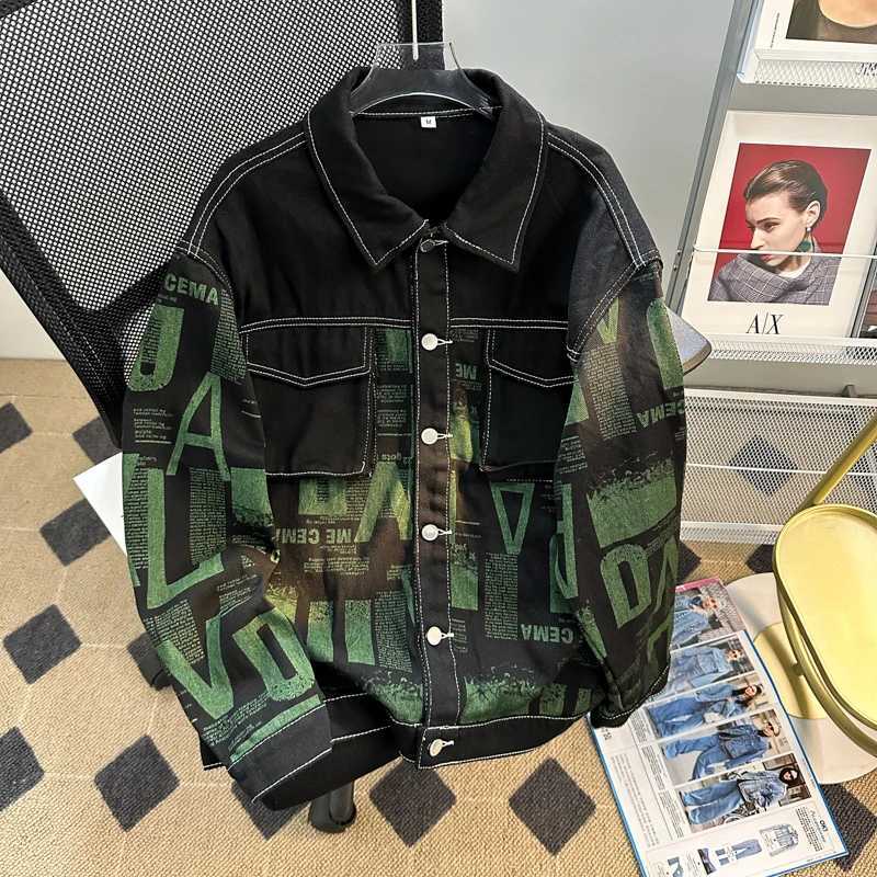 American Retro Full Print Denim Jacket Mens Spring Autumn Trendy Coat High-end Sense Oversized Versatile Casual Workwear Jacket W250809